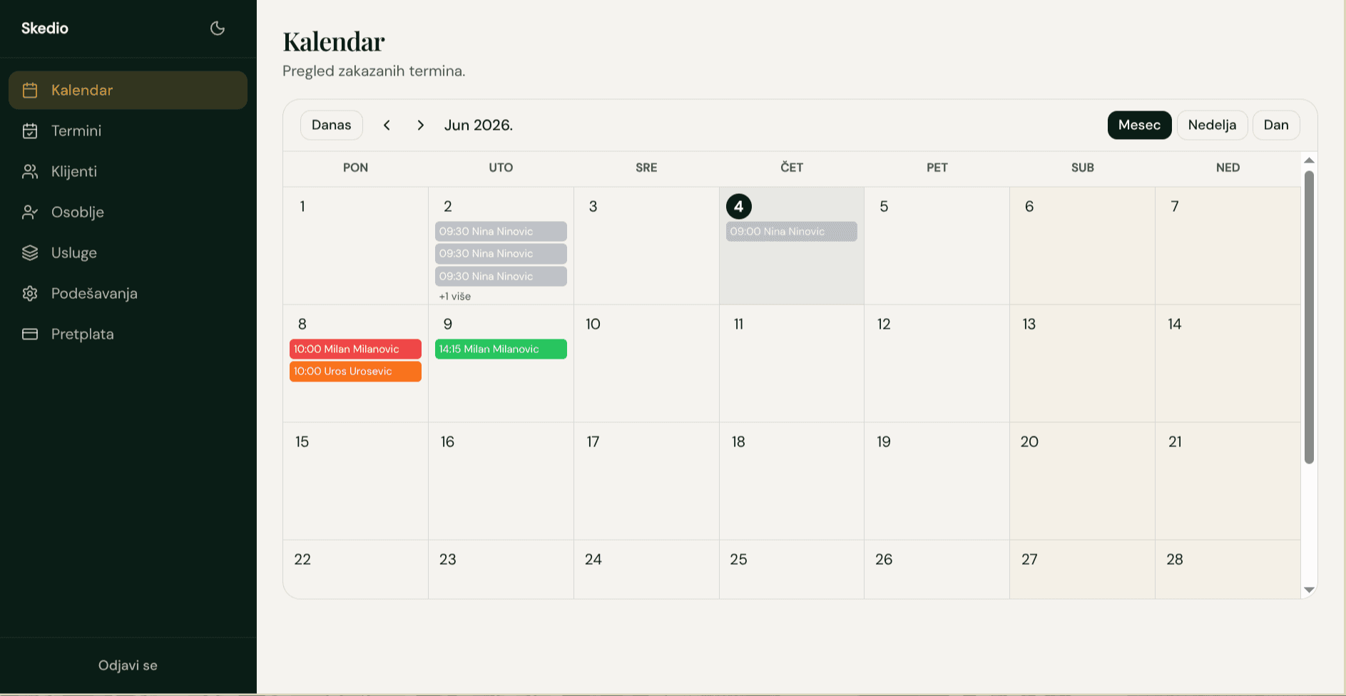 Skedio nedeljni kalendar sa terminima osoblja